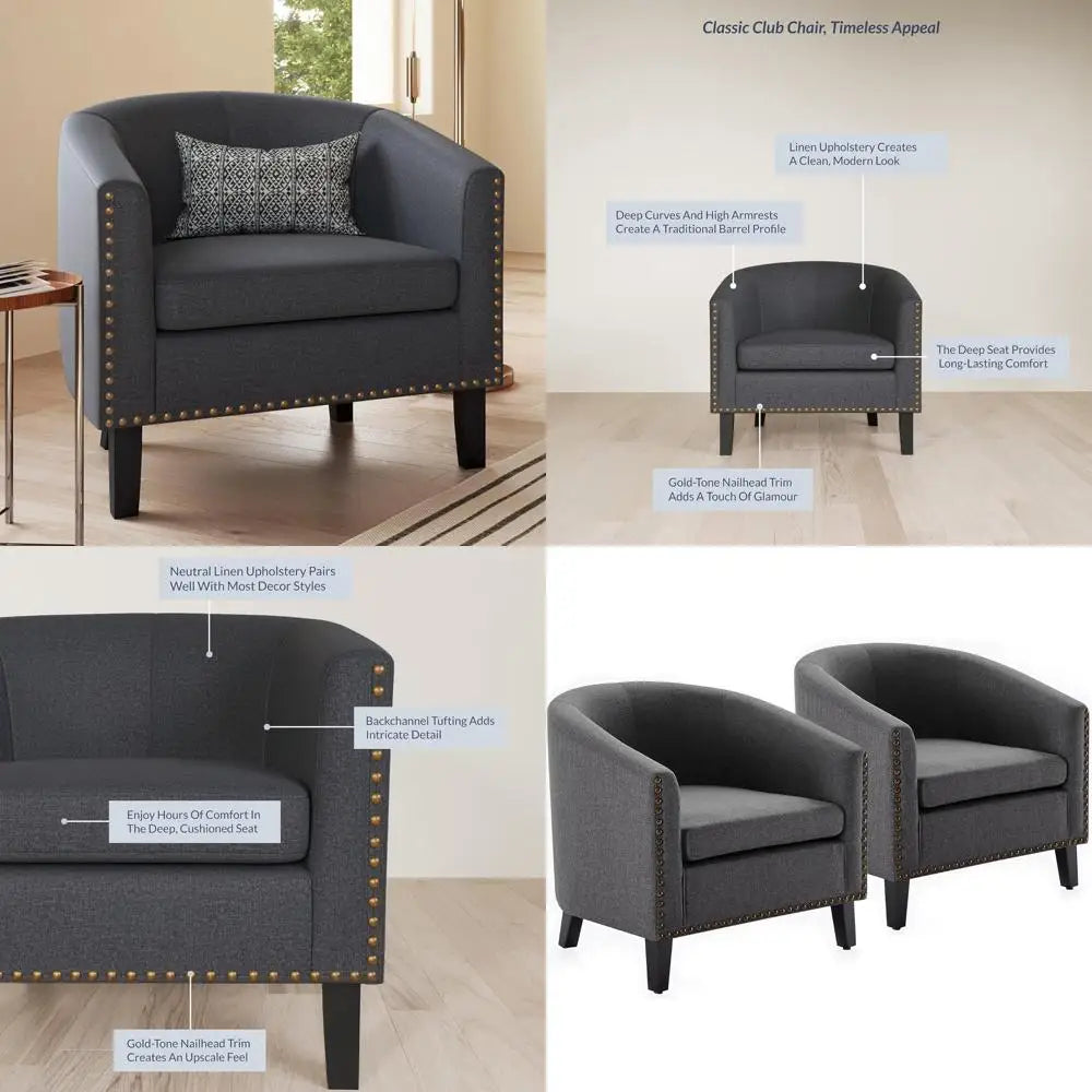 Modern Tub Club Chair, Upholstered Armchair with Gold Nail Head Trim and Black Legs for Living Room