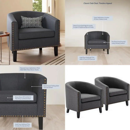 Modern Tub Club Chair, Upholstered Armchair with Gold Nail Head Trim and Black Legs for Living Room