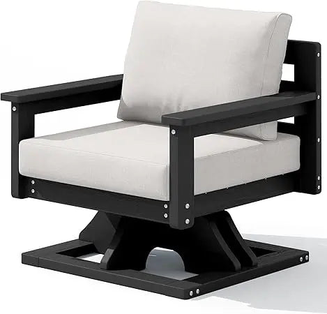 Outdoor Swivel Chairs, All-Weather Patio Swivel Sofas with Thick Cushions for Porch, Balcony, Black Frame with Beig