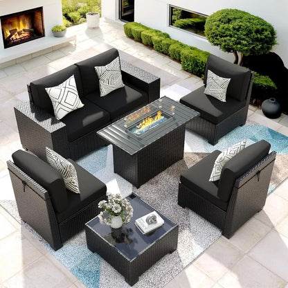 7 Piece Patio Furniture Set with Fire Pit Table, Outdoor Sectional Conversation Sets Black Wicker Rattan Sofa with Coffee Table