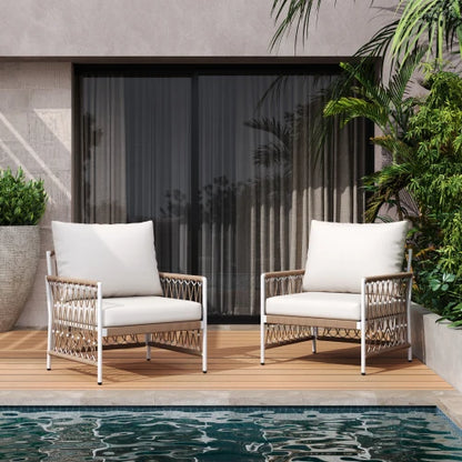 [Set of 2] Bohemian Outdoor Lounge Chair with Handwoven Rope & Powder-Coated Steel Frame, Waterproof Cushions