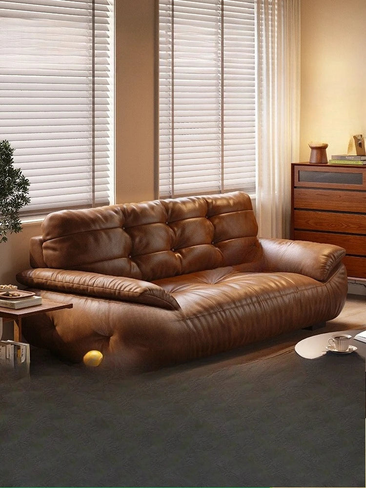 Color sofa American retro oil wax leather living room straight row small apartment brown