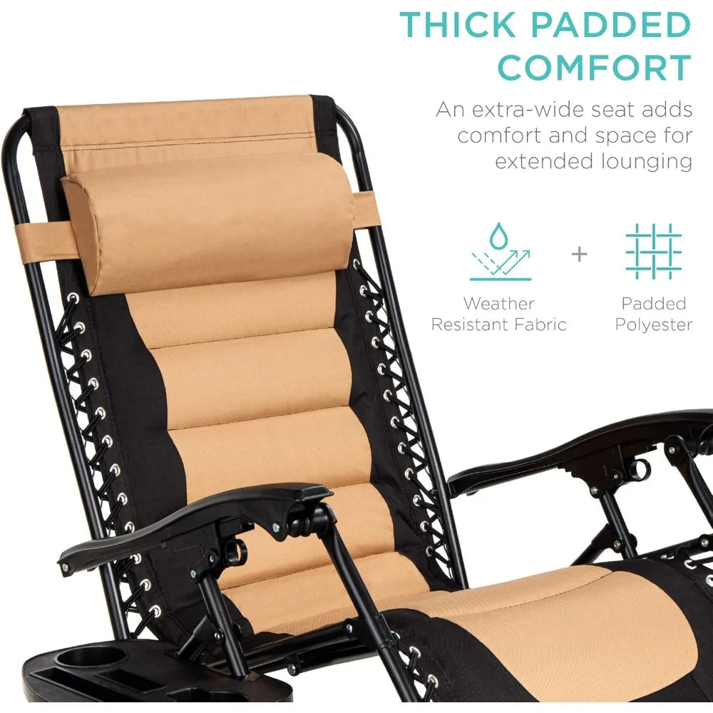 Oversized Padded Zero Gravity Chair, Folding Outdoor Patio Recliner, XL Anti Gravity Lounger for Backyard w/Headrest, Cup Holder
