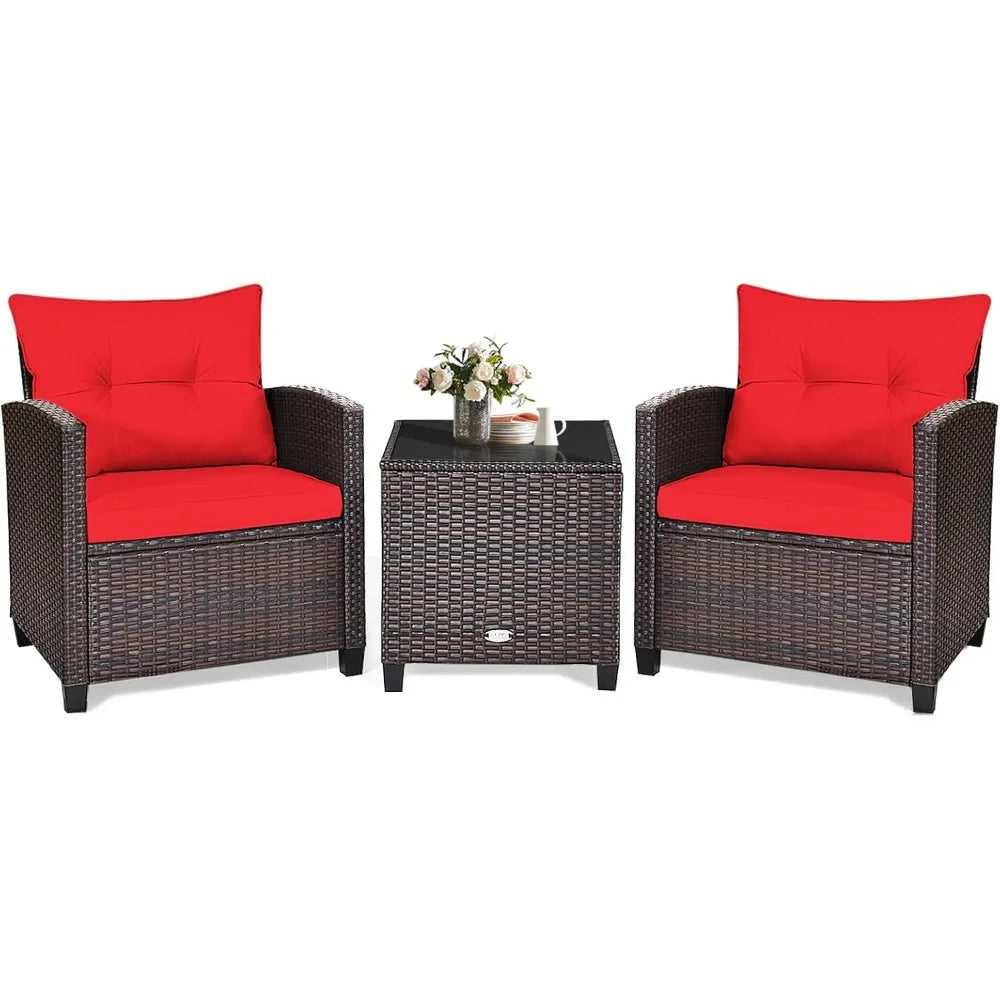 3 Piece Patio Furniture Set, Outdoor Conversation Set with Washable Cushions & Tempered Glass Tabletop, PE Rattan Wicker Bistro
