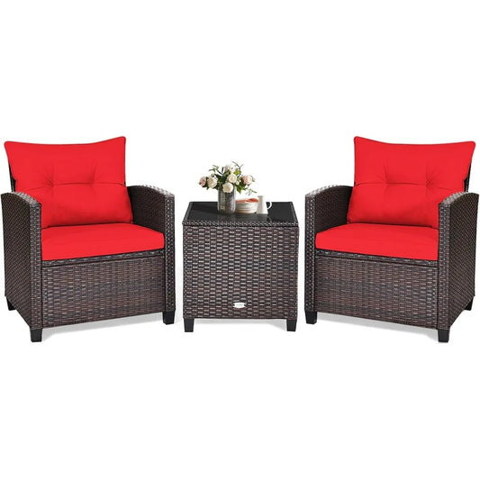 3 Piece Patio Furniture Set, Outdoor Conversation Set with Washable Cushions & Tempered Glass Tabletop, PE Rattan Wicker Bistro