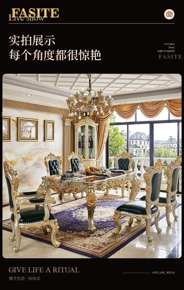 Premium European-style combination dining table and chairs all solid wood flower villa large-sized restaurant