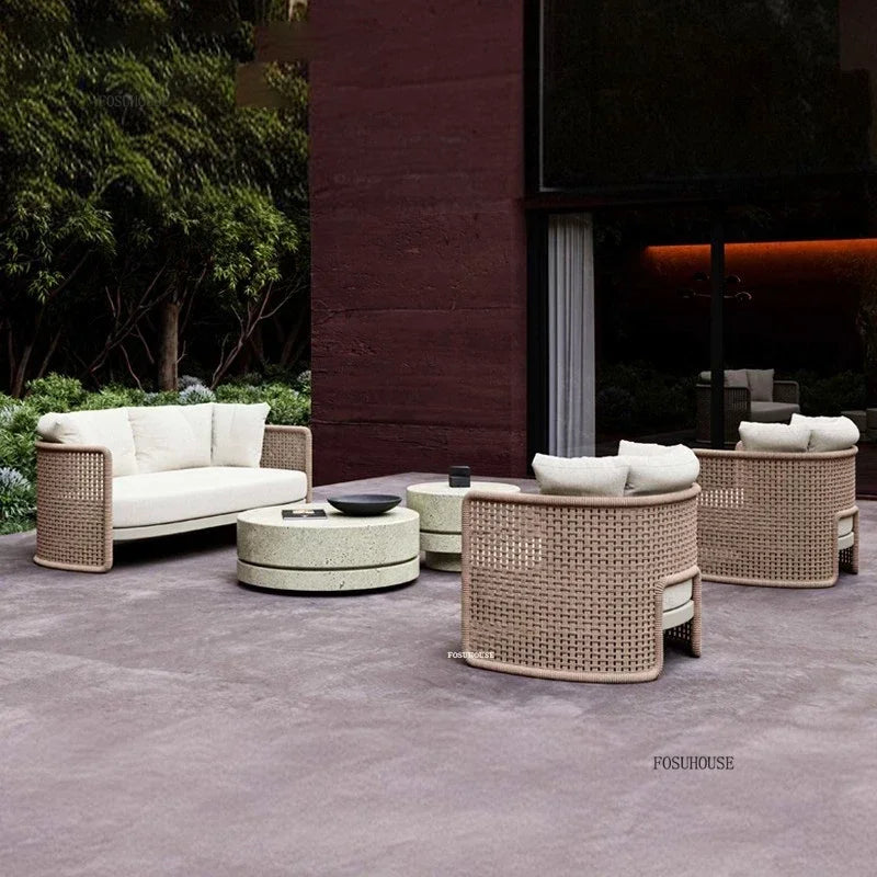 Retro Rattan Outdoor Sofas Luxury Garden Furniture Leisure Home Balcony Patio Set Rainproof and Sunproof Nordic Rope Sofa Chair