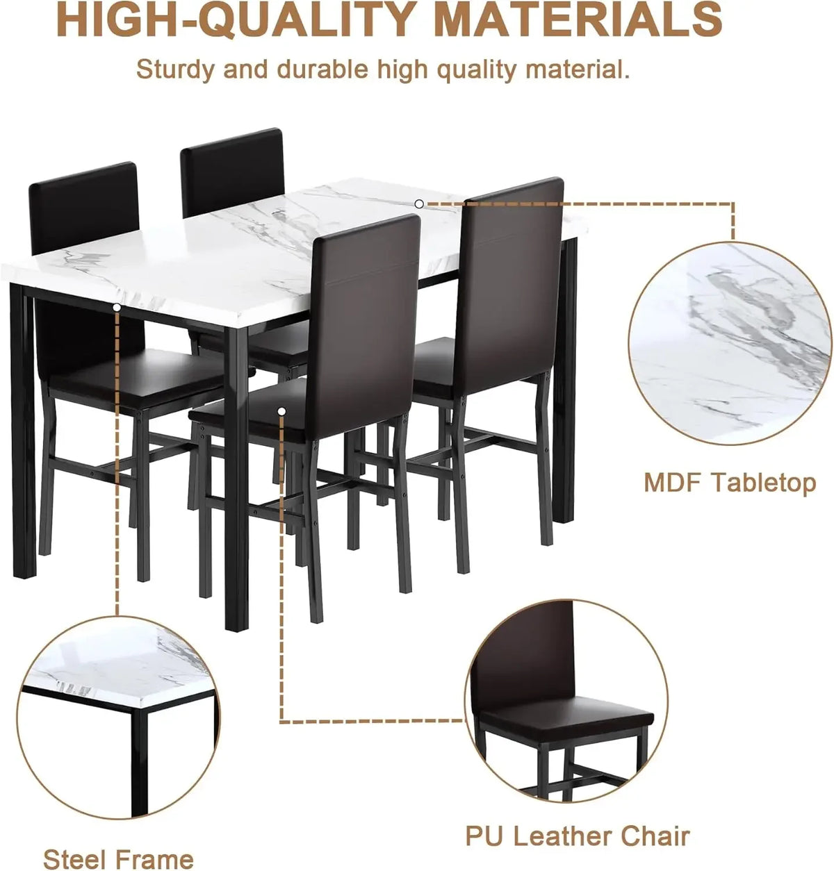 Dining Table Set for 4, Modern Kitchen & Dining Room Sets Faux Marble Table with 4 Leather Chairs for Small Space