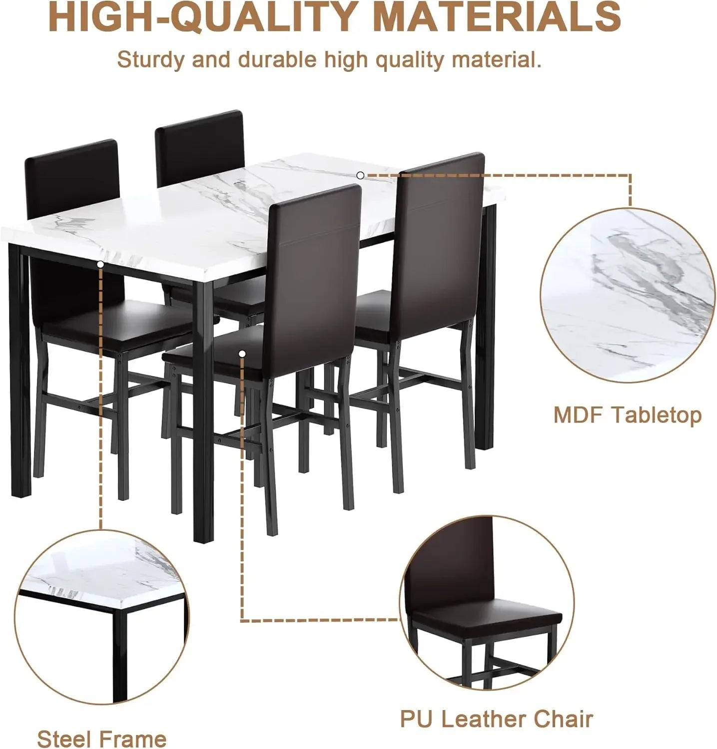 Dining Table Set for 4, Modern Kitchen & Dining Room Sets Faux Marble Table with 4 Leather Chairs for Small Space