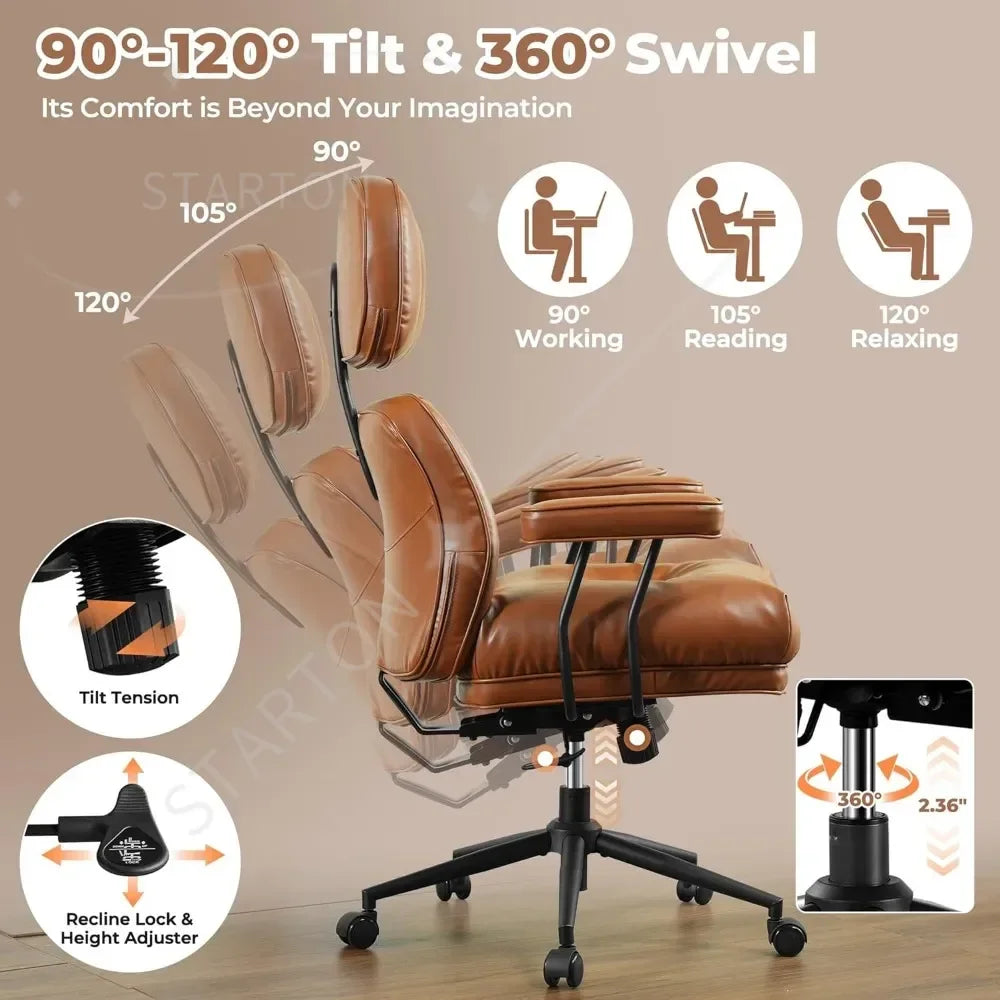 Mid-Century Modern Leather Chair，Ergonomic Home Office Chair with Lumbar Support, High Back Swivel Rolling Executive Chair
