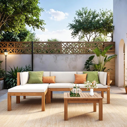 5 Pieces Acacia Wood Outdoor Sectional Sofa Set with Coffee Table, Outdoor L-Shaped Couch with All-Weather Cushion for Patio