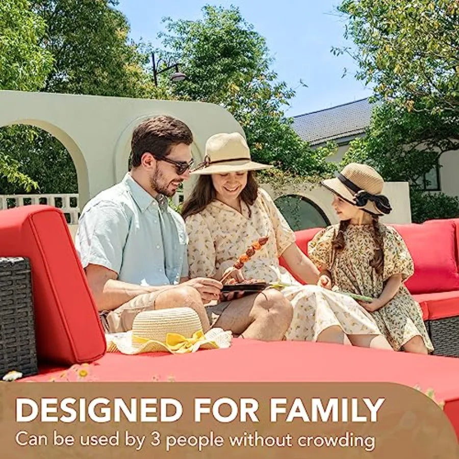 5 Pieces Patio Furniture Set Outdoor Sectional Sofa with Manual Weaving Wicker Rattan in Red Includes Cushions and Glass Table
