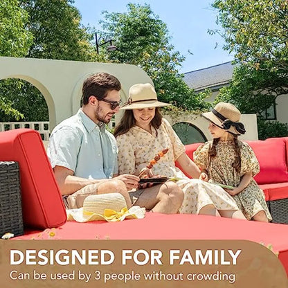 5 Pieces Patio Furniture Set Outdoor Sectional Sofa with Manual Weaving Wicker Rattan in Red Includes Cushions and Glass Table