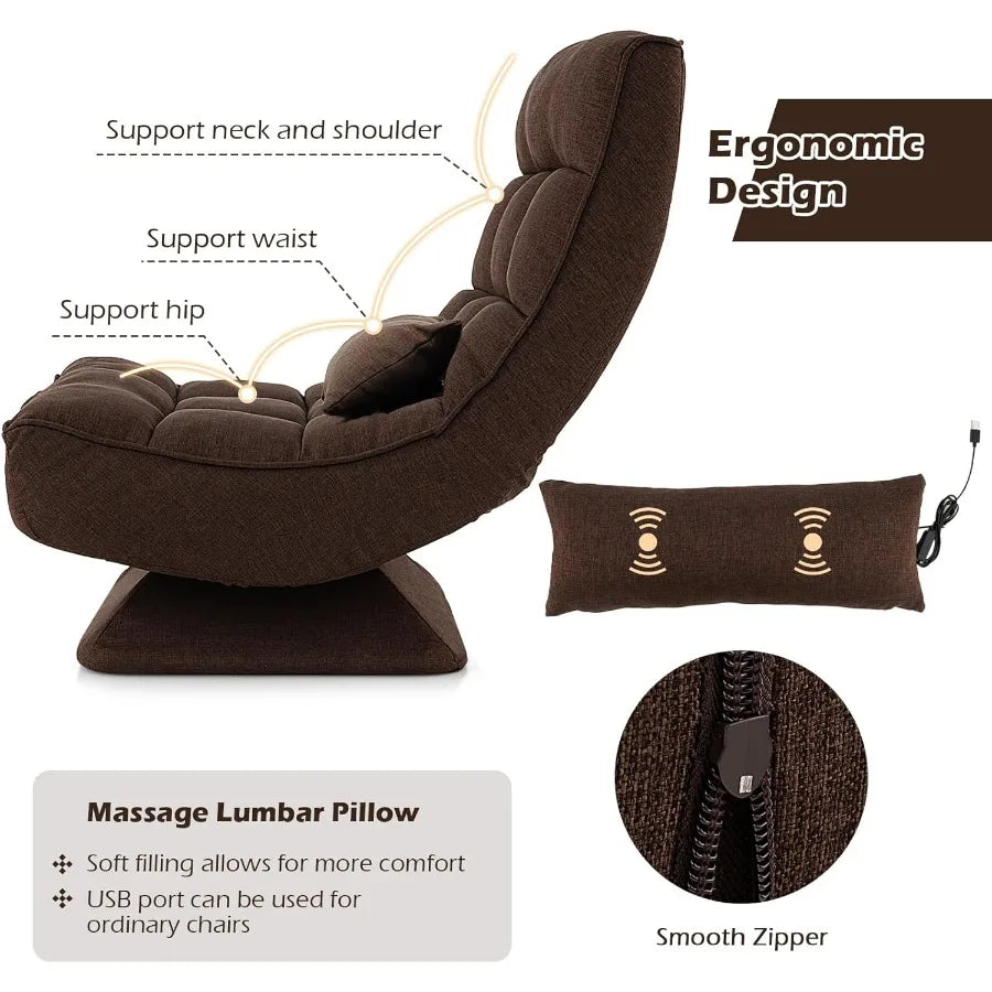 Adjustable Swivel Floor Chair with 5 Position Recline for Gaming and Meditation Steel Frame Swivel Base Massage Lumbar Pillow F