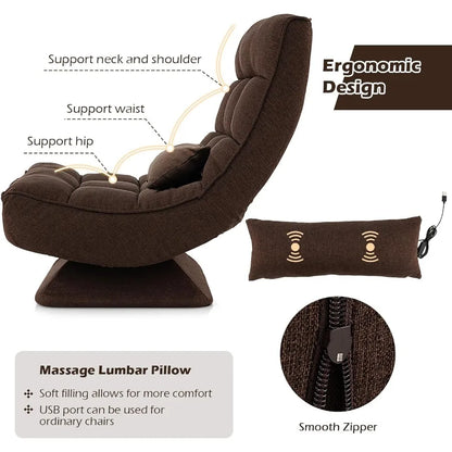 Adjustable Swivel Floor Chair with 5 Position Recline for Gaming and Meditation Steel Frame Swivel Base Massage Lumbar Pillow F