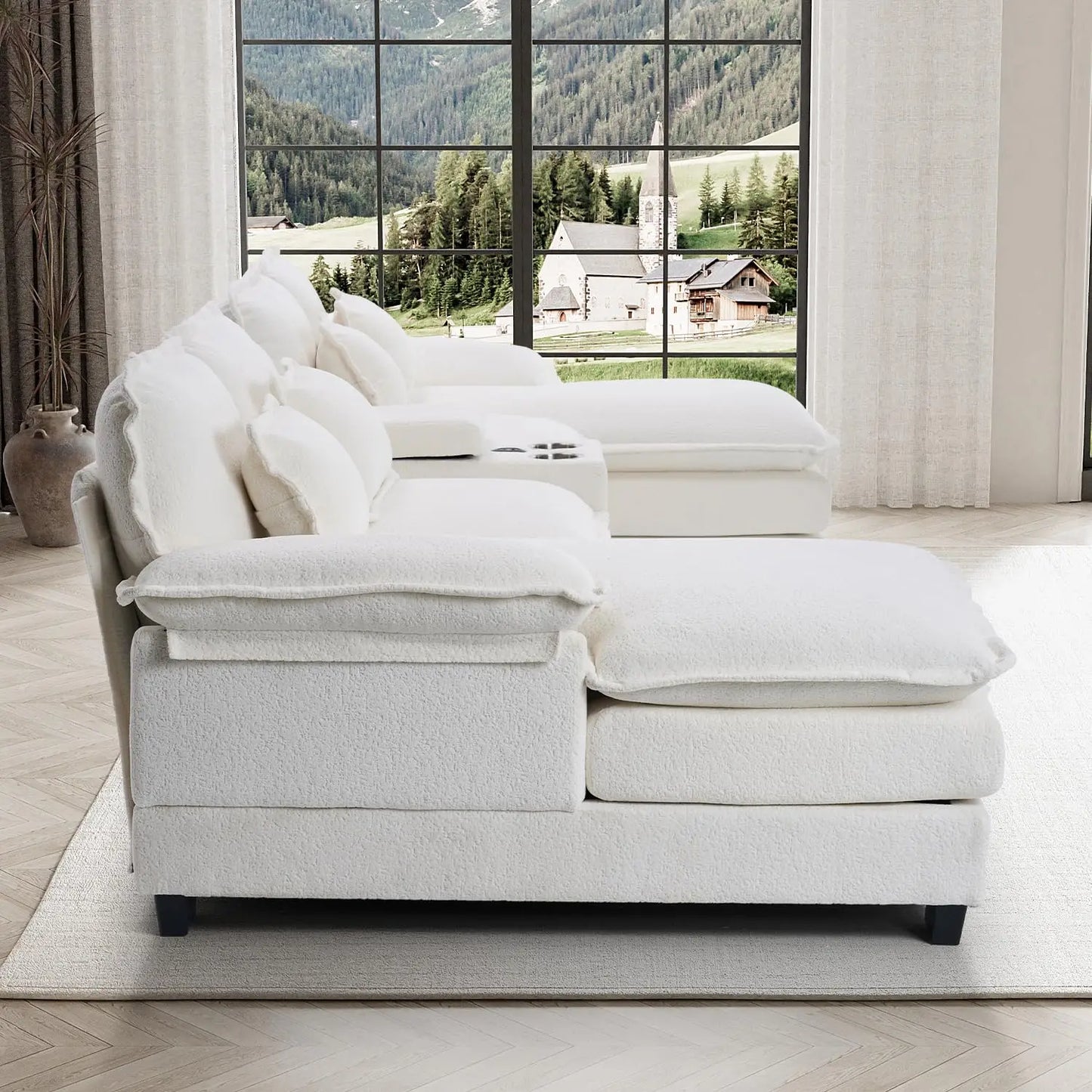 U Shaped Sectional Sofa 133" Modular Fluffy Chenille Double Chaise Lounge Central Console USB Port Living Room White Customized