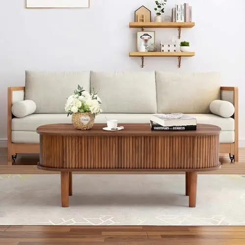 Fluted Lift Top Coffee Table, Hidden Compartment, Modern Oval Wooden Table, Walnut