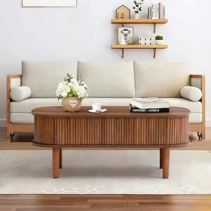 Fluted Lift Top Coffee Table, Hidden Compartment, Modern Oval Wooden Table, Walnut