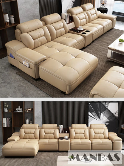 MANBAS Italian Genuine Leather Sectional Sofa with USB Charging, Bluetooth Speaker and Projector - Perfect for Your Living Room