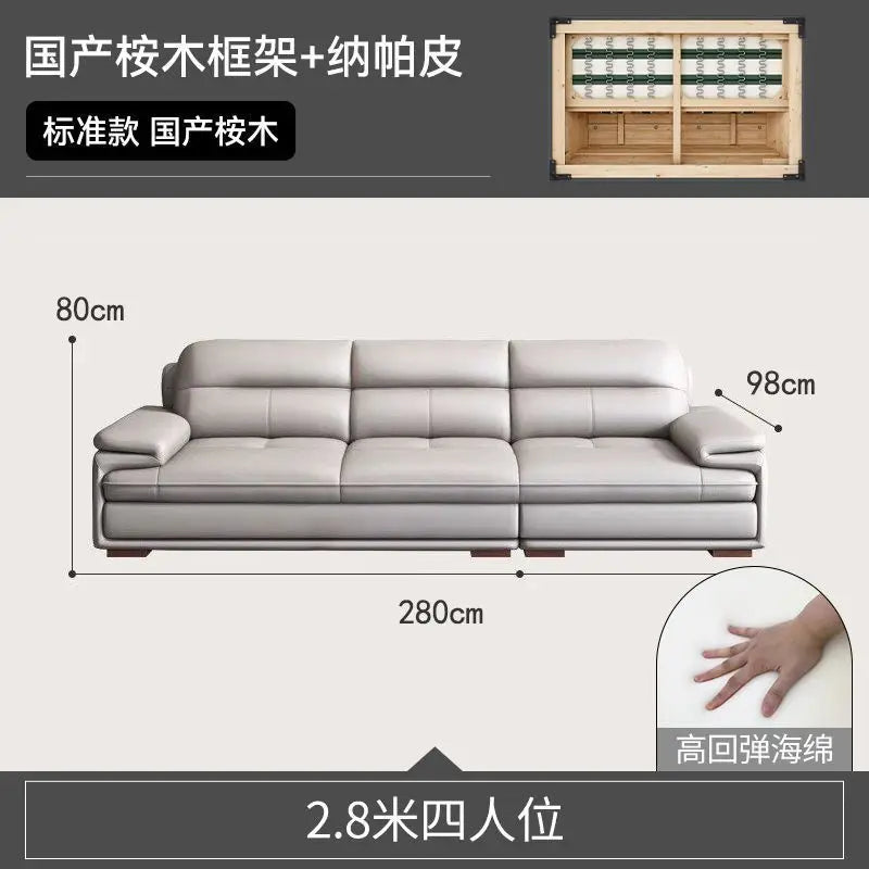 Modern minimalist leather sofa sized apartment living room three or four person cowhide sofa