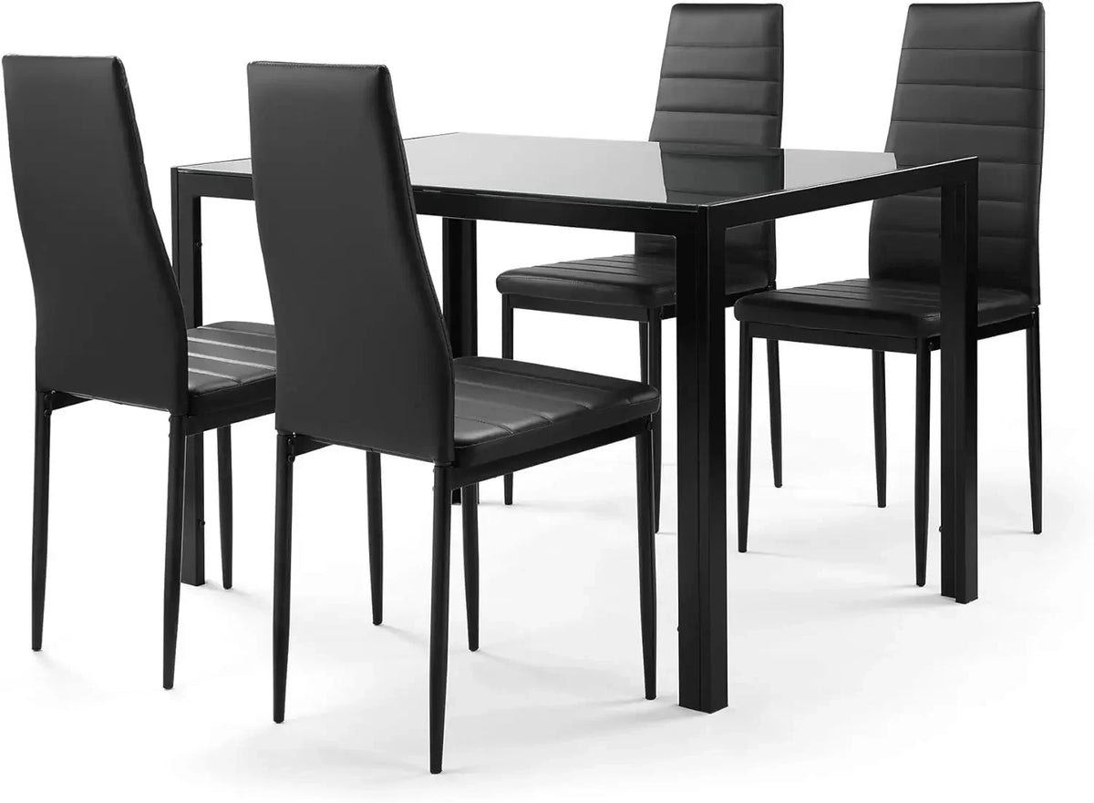 Dining Room Table Set,5-Piece Kitchen Dining Set with Glass Table Top 4 PU  Metal Frame Chairs A