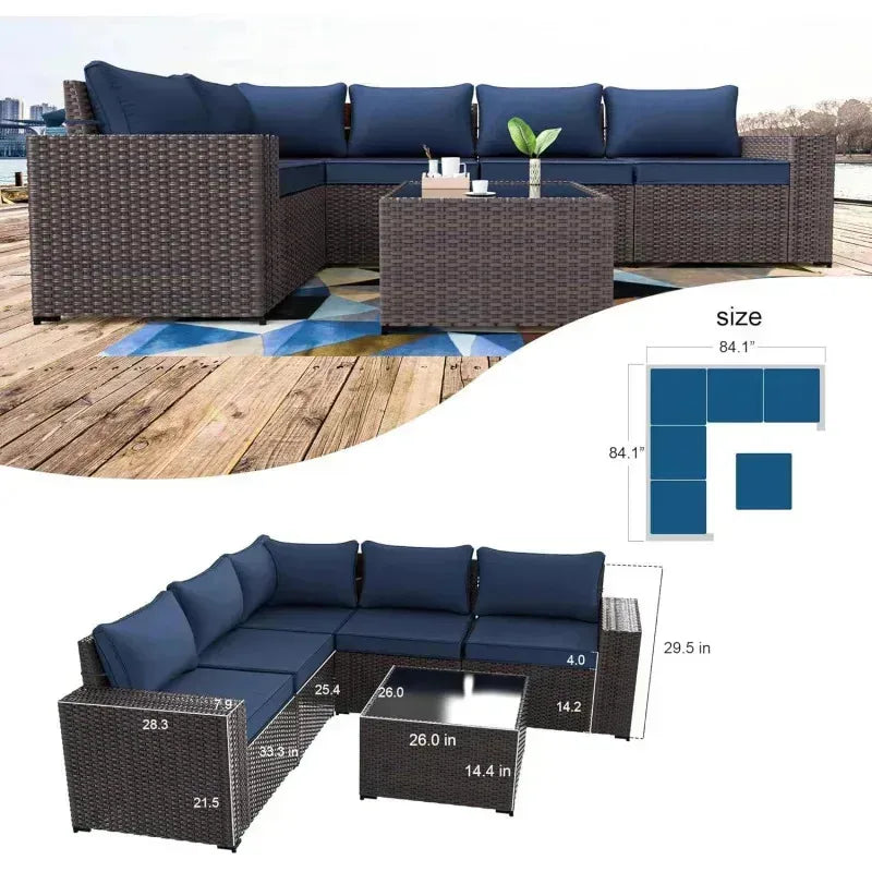 YND6-WQQkulavik 6PCs outdoor furniture set PE Wicker rattan sectional sofa patio conversation sets. navy blue