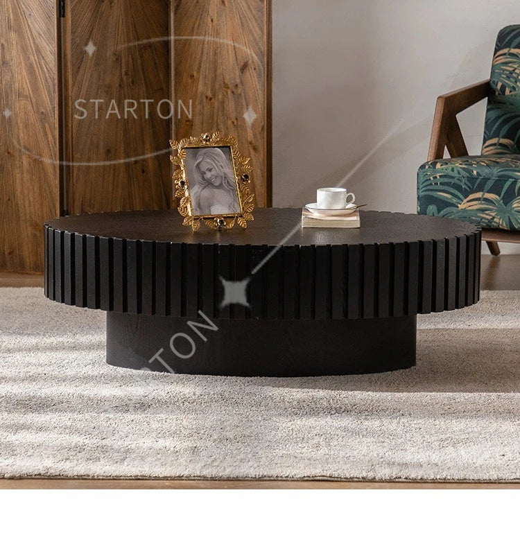 Modern Wooden Coffee Table Round Black with Solid Wood Veneered, Circle Center Table Accent Tea Table for Living Room Apartment