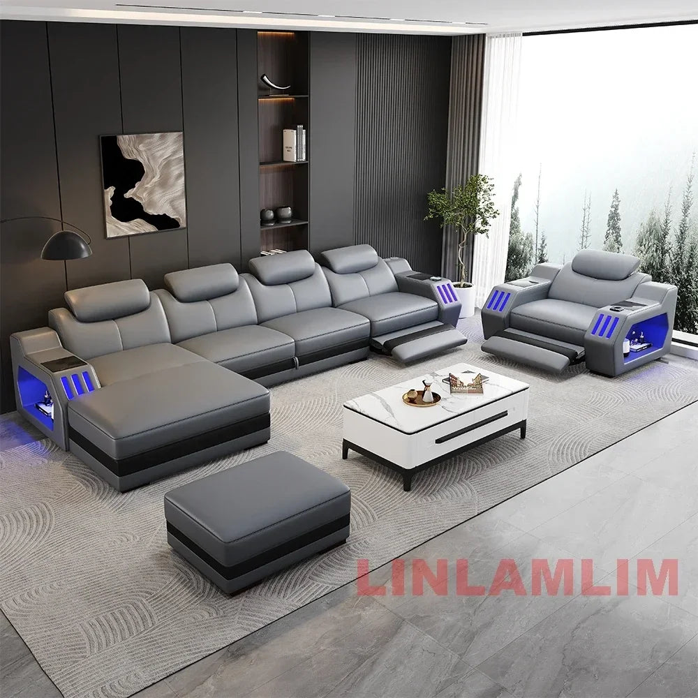 Modern Genuine Leather Massage Sectional Sofa Bed with Adjustable Headrests & LED Lights, Recliner Couch Set with Storage & USB