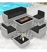 PatioLix 8 Piece Patio Furniture with 44"Propane Gas Fire Pit Table. Outdoor Sectional Conversation Set Wicker Rattan Sofa