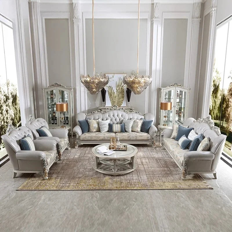French light luxury living room large apartment first layer cowhide European solid wood carving flower three sofa combination