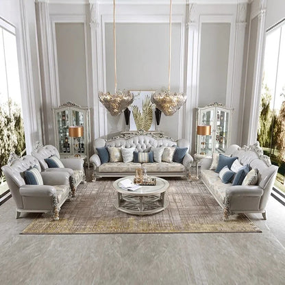 French light luxury living room large apartment first layer cowhide European solid wood carving flower three sofa combination