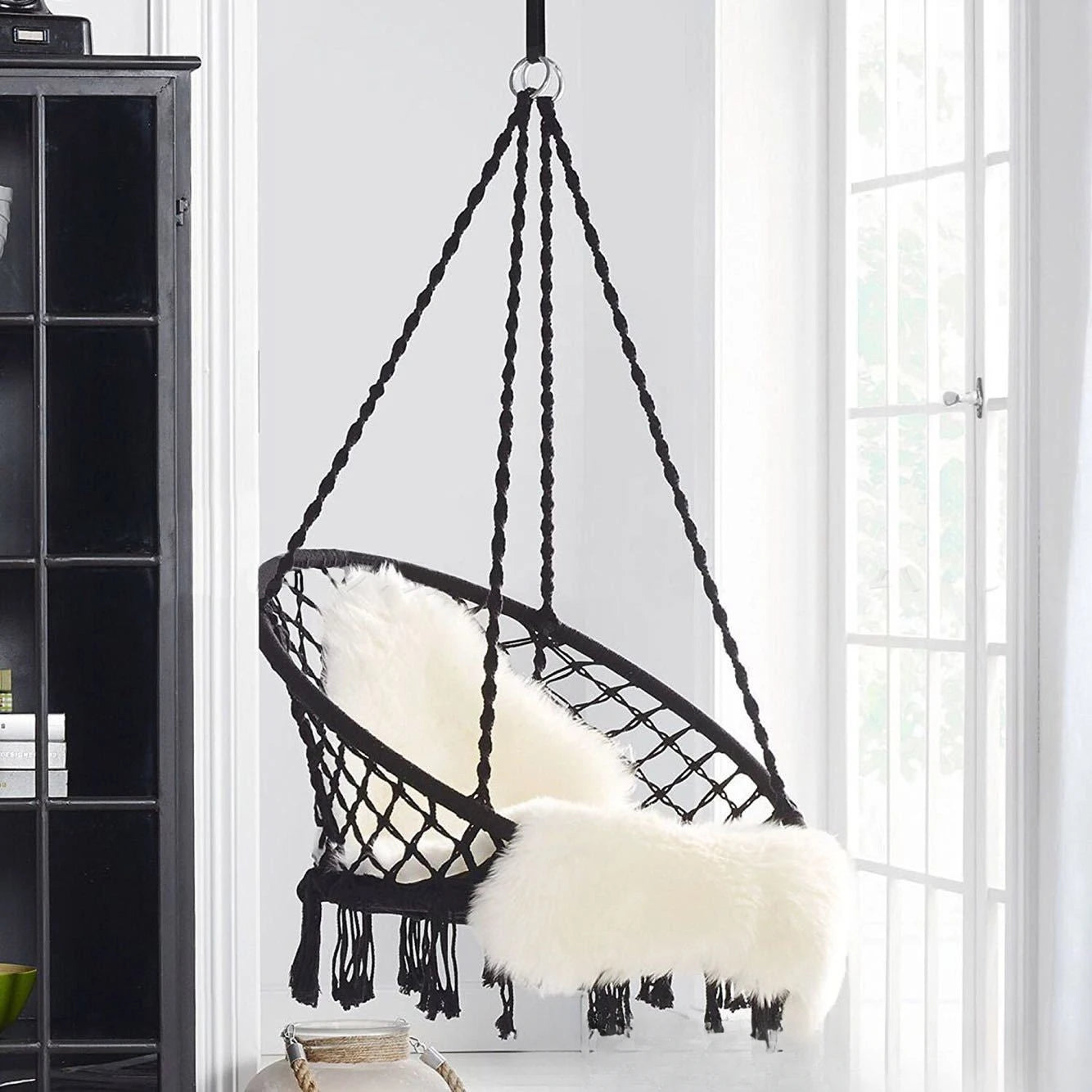 Hammock Hanging Swinging Chair,Hanging Cotton Rope Swing Chairs with Cushion and Hardware Kits, Hanging Chairs for Indoor