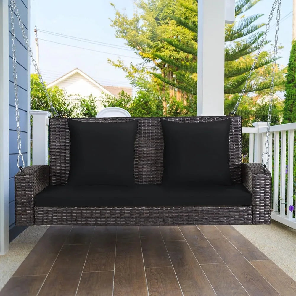 Outdoor Wicker Swing Bench for Two with Cushions, Durable Patio Hanging Rattan Seat, Comfortable Backyard Swing Chair