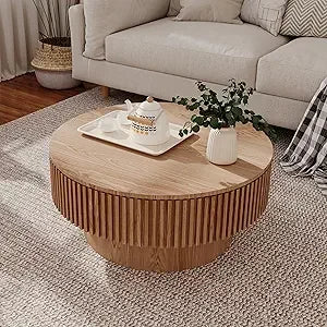 Round Coffee Table, Modern Black Side Table End Table for Living Room, Wood Circle Drum Coffee Table with Handcrafted Relief, Co