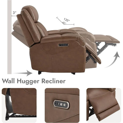 Genuine Leather Power Recliner Chairs for Adults, Wall Hugger RV Recliner with Power Headrest & Charging Ports,