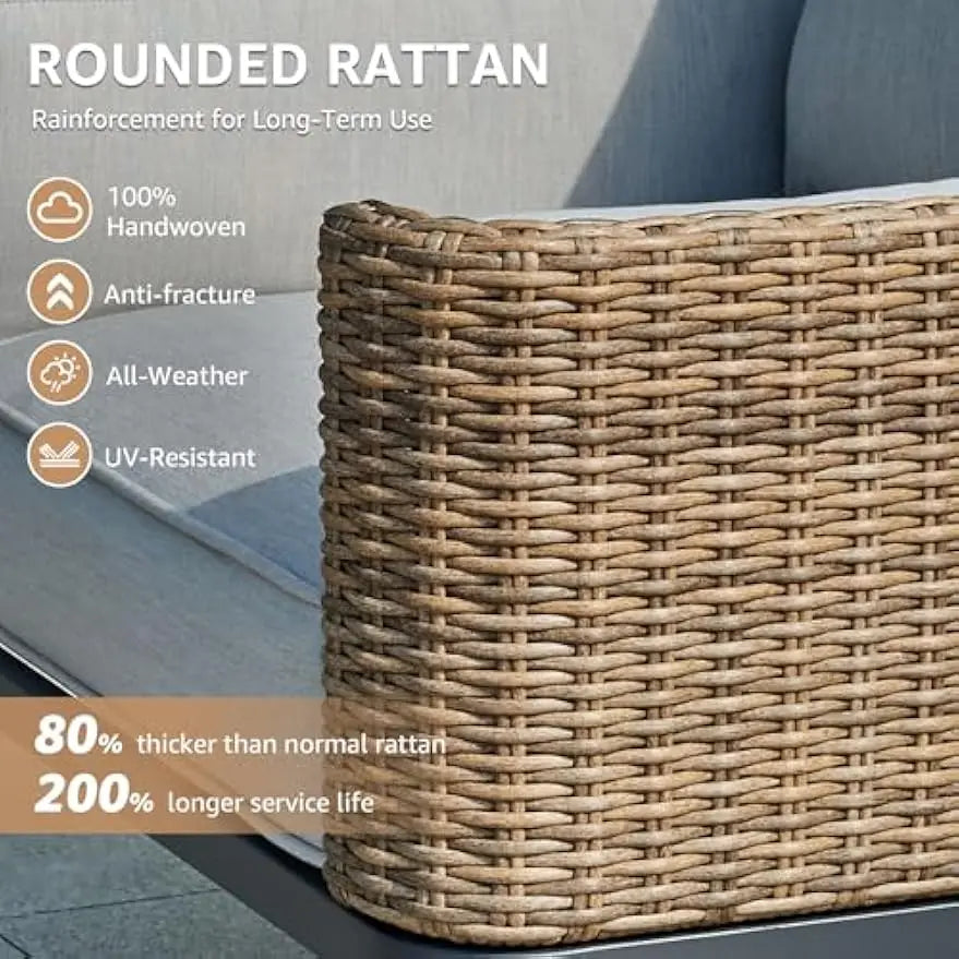 4-Piece Wicker Patio Furniture Set, All-Weather Rounded Rattan Conversation Set Sectional Sofa with 5'' Thick Cushions