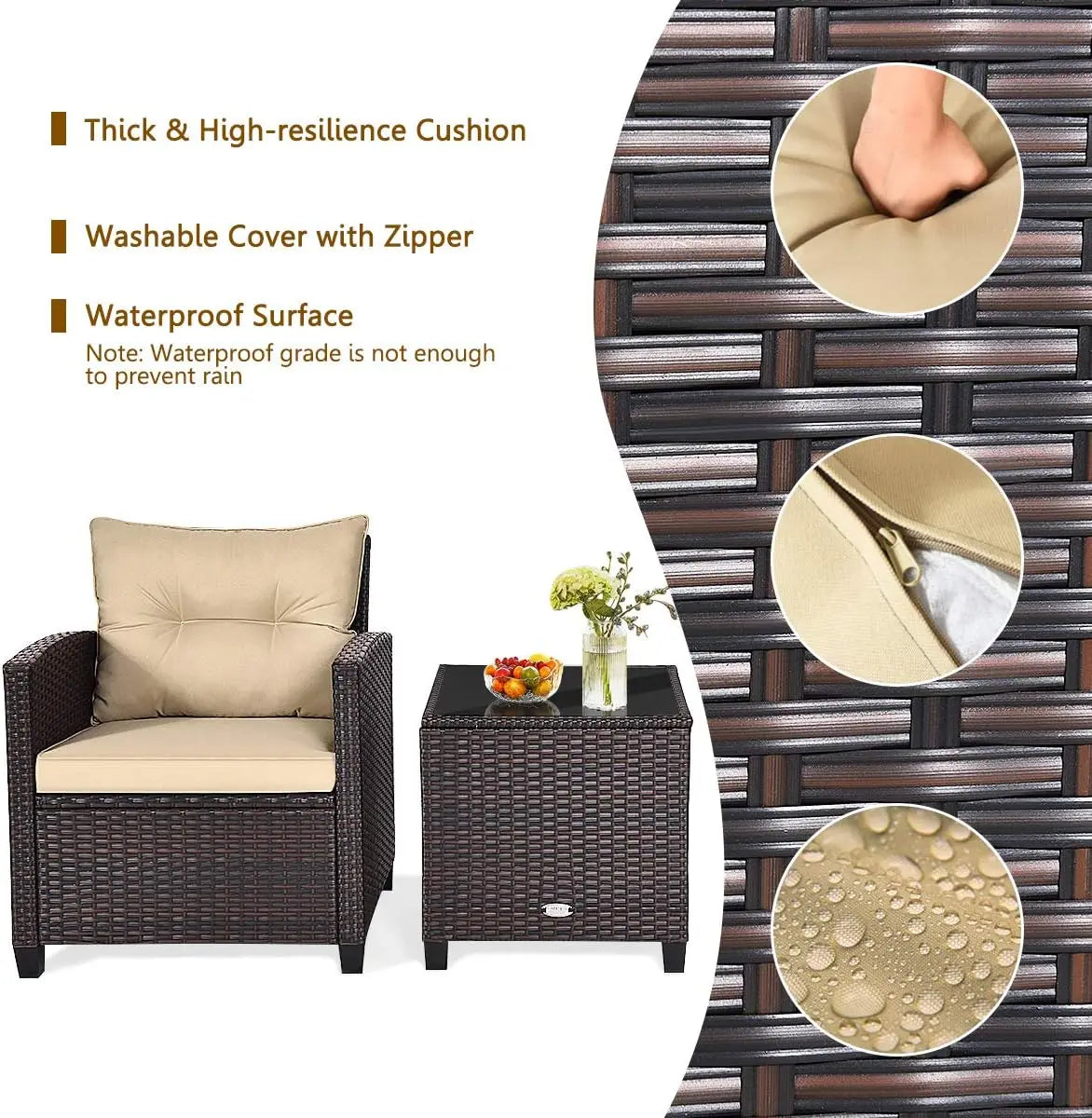 3-Piece Outdoor Patio Set with Washable Cushions & Tempered Glass Table, PE Rattan Furniture for Garden, Balcony