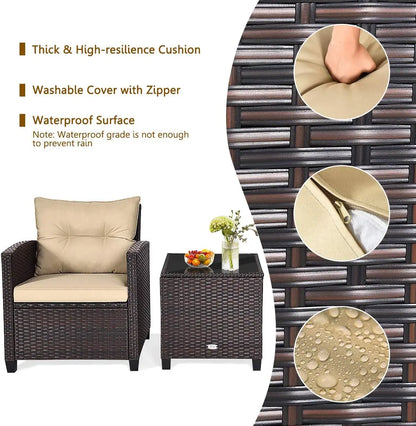 3-Piece Outdoor Patio Set with Washable Cushions & Tempered Glass Table, PE Rattan Furniture for Garden, Balcony