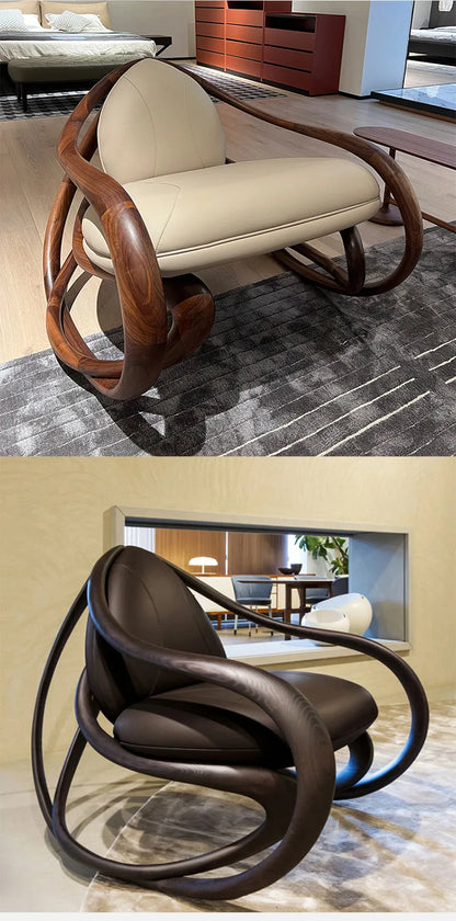 Rocking chair, solid wood balcony, living room, fiberglass casual leather sofa