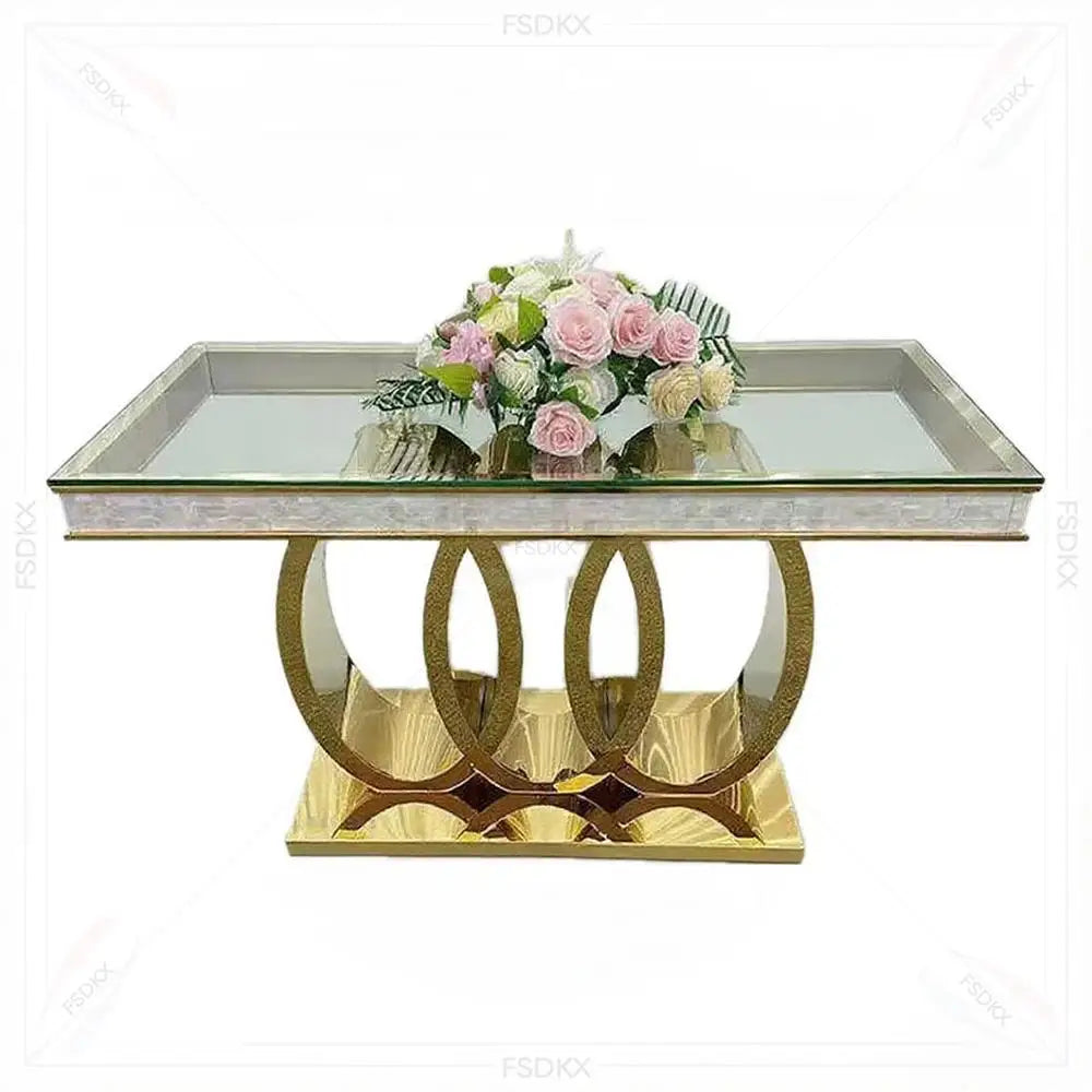 Luxury Modern Stainless Steel Metal Wedding Table with Glass Top Durable Hotel Furniture for Dining Wedding Events