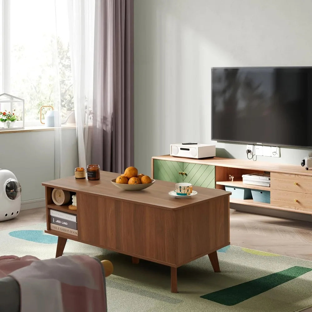Modern Rectangular Coffee Table with Fluted Design, Lift Top and Hidden Storage