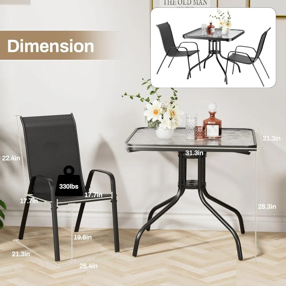 TLSUNNY Patio Dining Set 5 Pieces, All Weather Outdoor Furniture W/30X 30 Table and 4 Stackable Textilene Chairs, Metal Table an