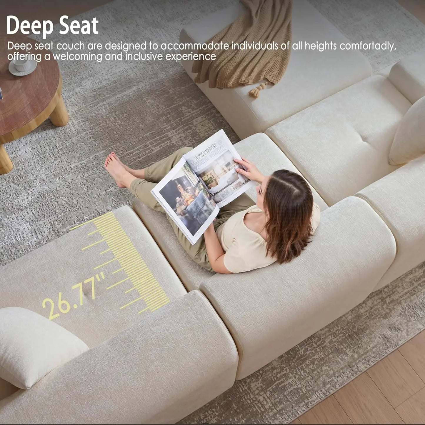 118" Modern L-Shaped Boneless Couch Modular Sectional Sofa for Living Room, Chenille Upholstery Beige, Oversized 3-Seater Sectio