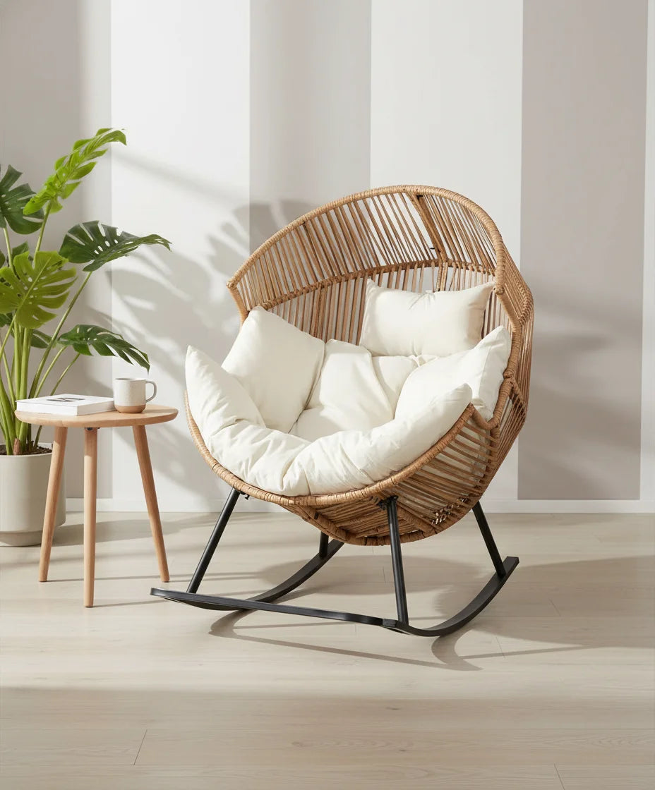 Outdoor Egg Chair with Cushion, Wicker Rocking Lounger for Patio, Living Room, Bedroom, Balcony in Beige