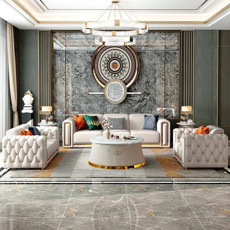 Living room Italian light luxury sofa post-modern first-layer cowhide buckle luxury leather sofa combination