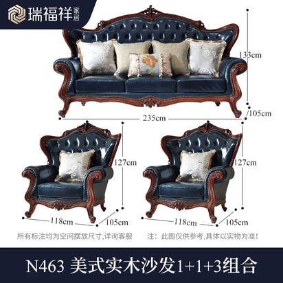 American all-solid wood leather sofa combination living room furniture large apartment European style