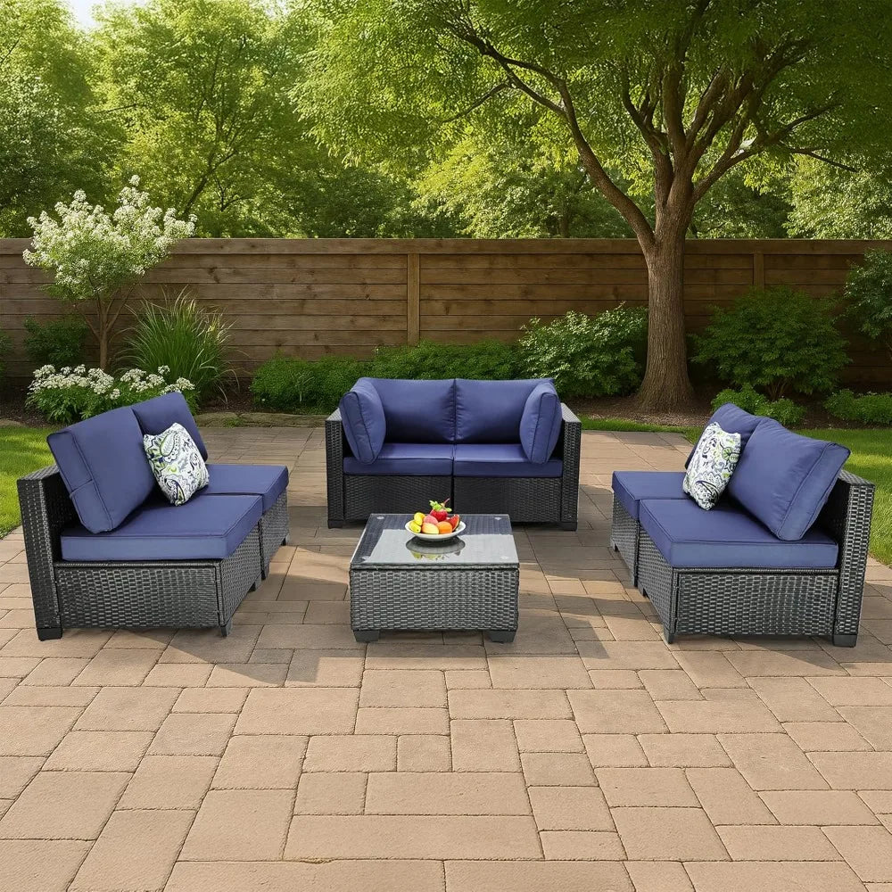 7 Pieces Outdoor Patio Furniture Sets, PE Rattan Wicker Patio Conversation Set with Tea Table (2BLACK/BL, B/ZB)