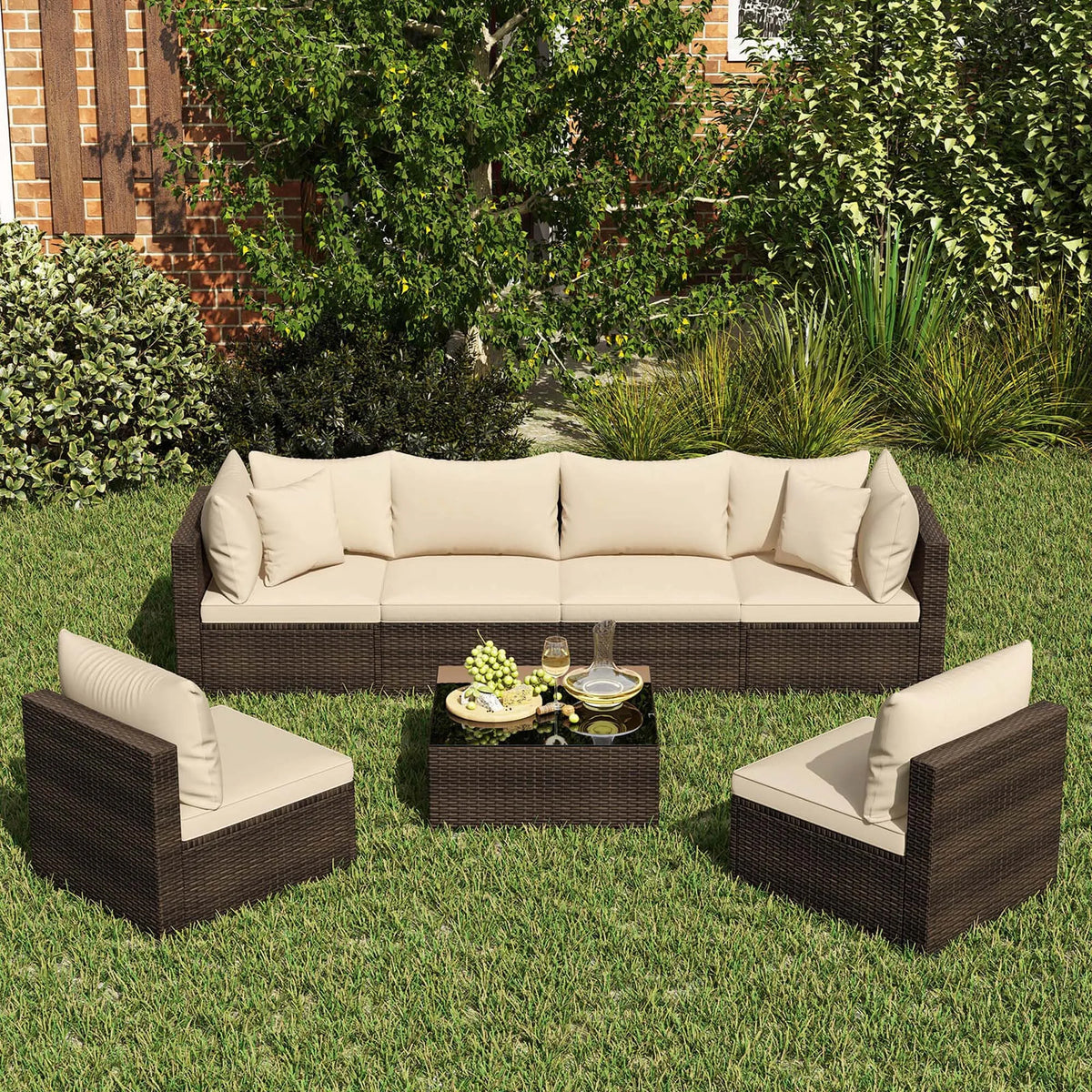 7 PCS Patio Rattan Furniture Set Sectional Sofa Cushioned Garden Brown