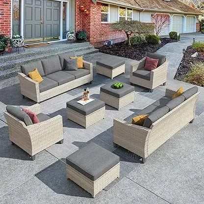 Wicker Patio Furniture Set Modern Outdoor Conversation  Sofa with Cushion and Ottomans for Garden, Poolside, Backyard