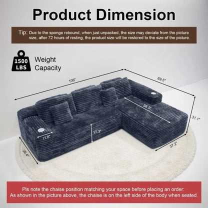 Cloud Sectional Couch with L-Shape Chaise, Modern Modular Sofa with Deep Seat, Built-in Cup Holder & Storage Pocket for Living R